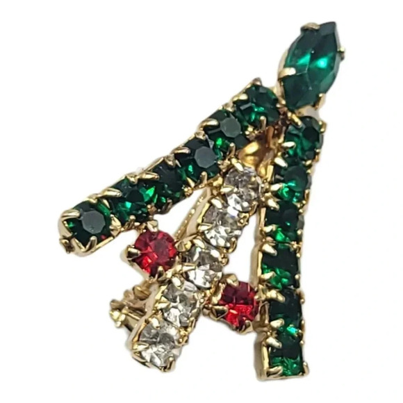 Clear Red Green Crystal Rhinestone Christmas Tree Brooch Pin Vintage Gold Tone - Picture 2 of 4